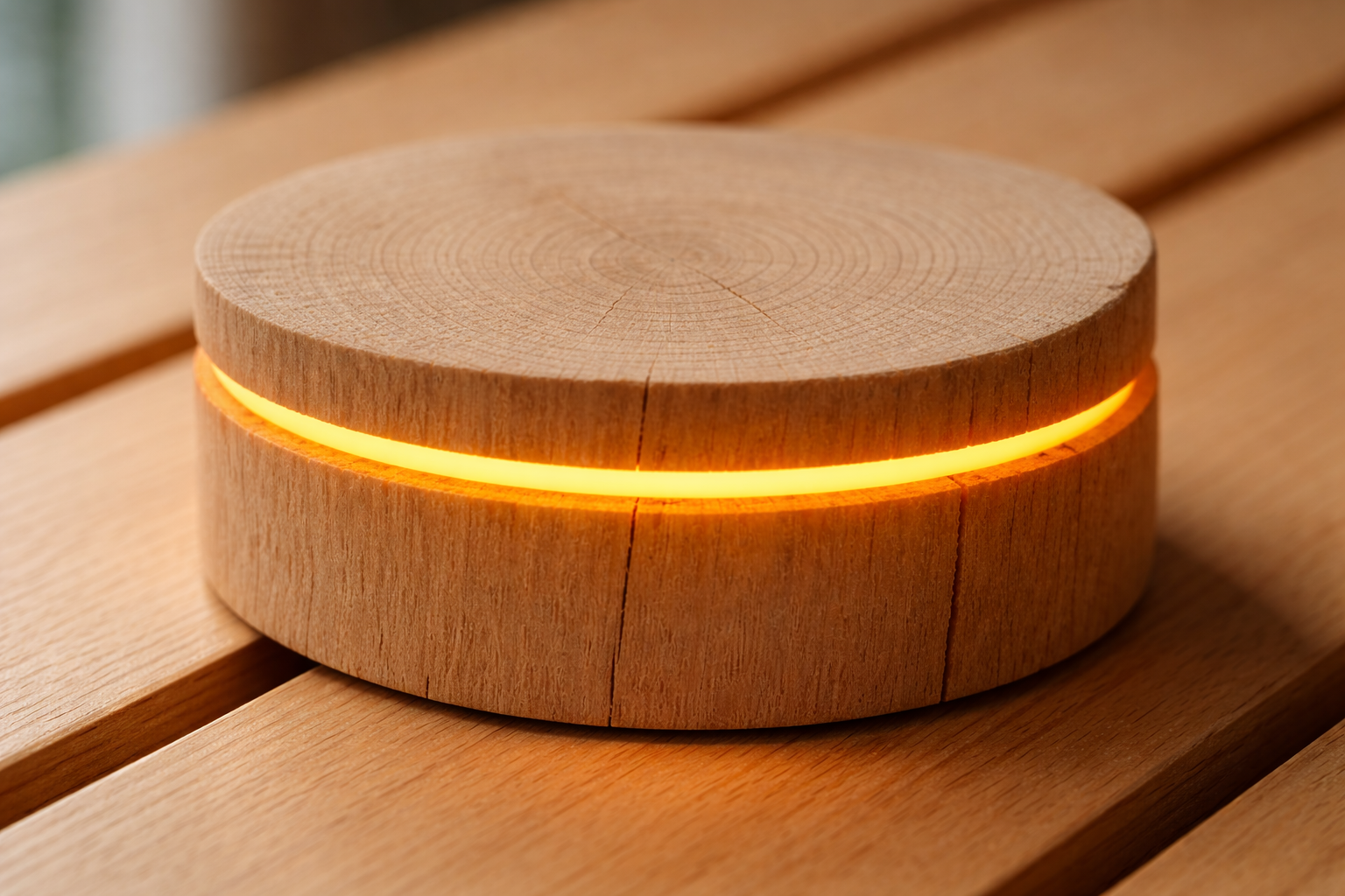 Ember prototype on sauna bench slats, full amber ring visible.